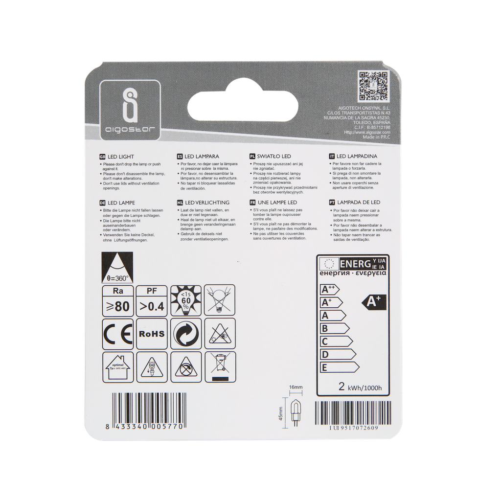 Aigostar LED G4 2W 6500K 165lm Melkachtig