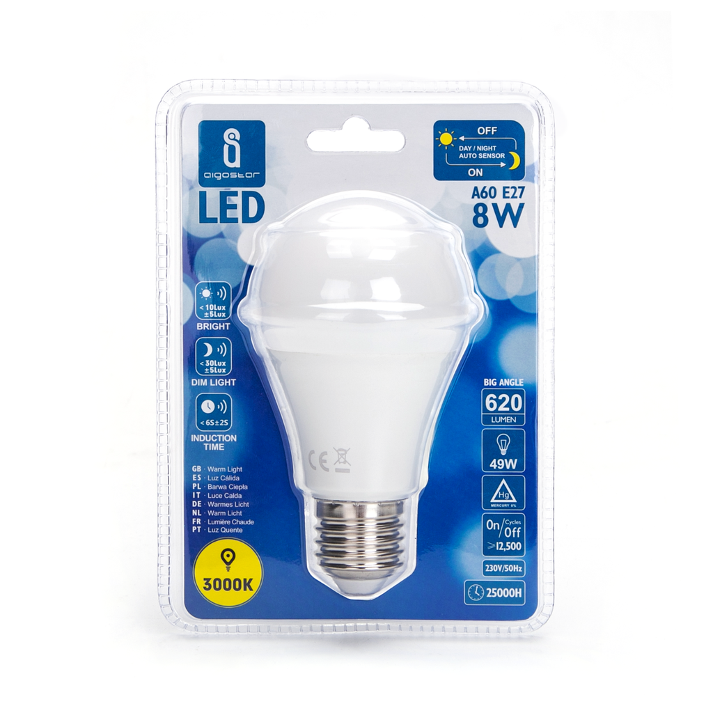 Aigostar LED A5S A60 BIG ANGLE 3000K/6500K E27 8W met dag/nacht SENSOR 620LM