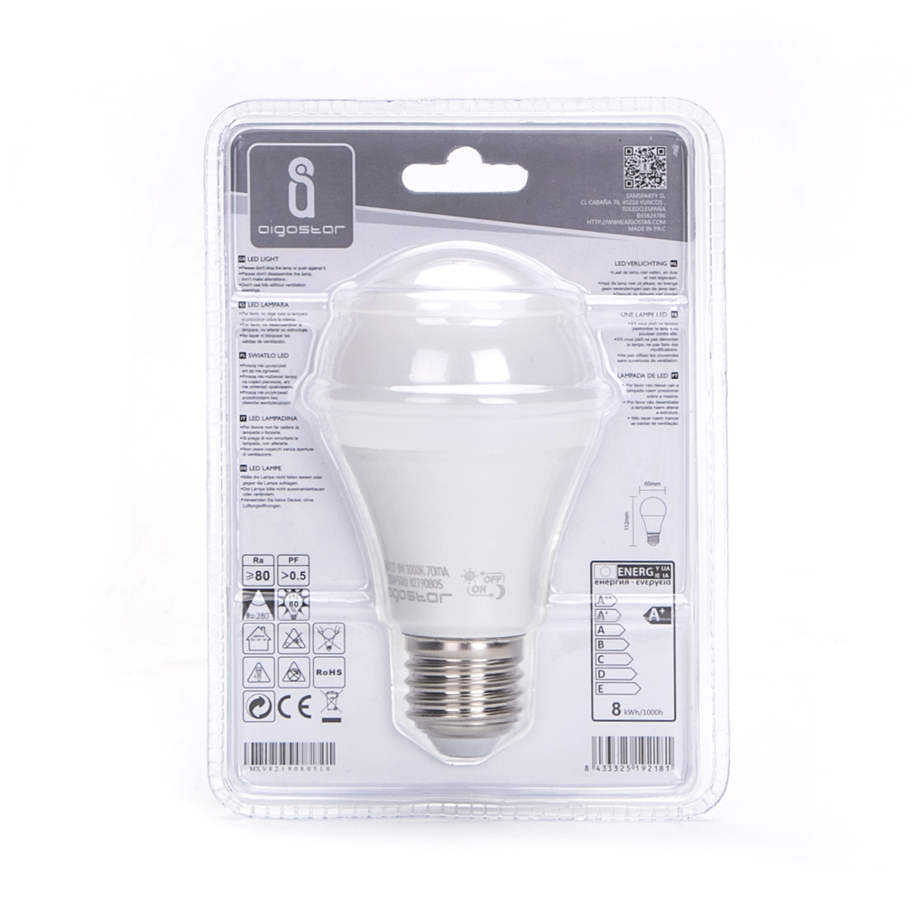 Aigostar LED A5S A60 BIG ANGLE 3000K/6500K E27 8W met dag/nacht SENSOR 620LM