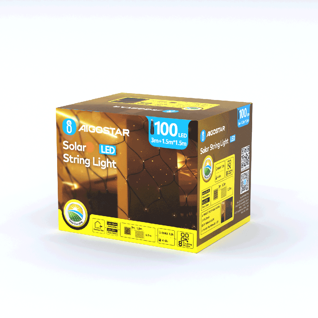 Aigostar Net van platte lichtstroken op zonne-energie, Warm wit, 1,5m*1,5m=3m