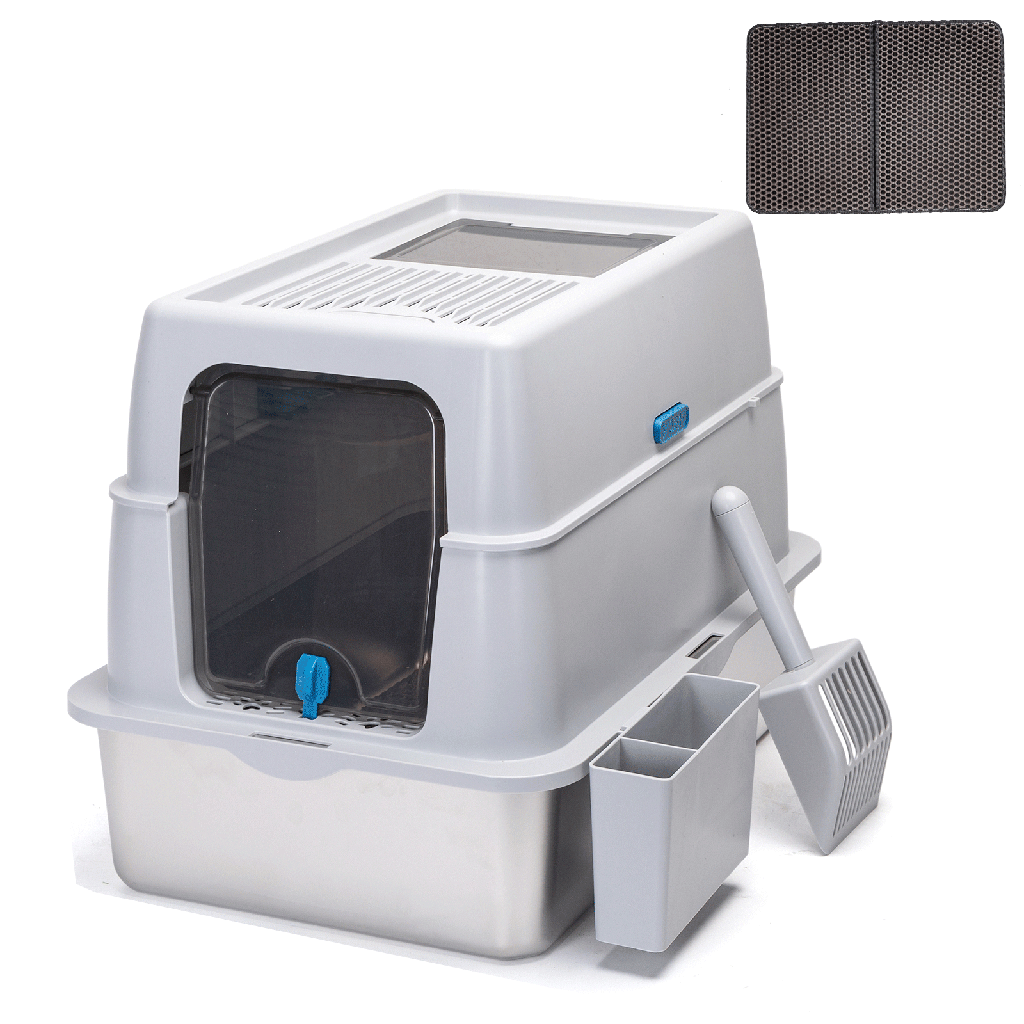 Aigostar Closed stainless steel cat litter box With cat litter mat and cat litter scoop L60*W40*H44cm Grey