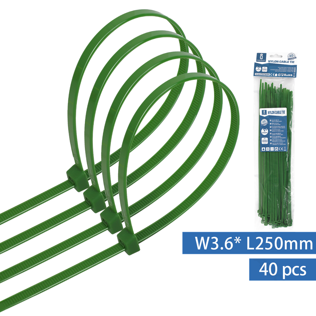 [A189341] Nylon Kabelbinders (40st)  BR3.6*L250mm Groen Geel Zwart Wit