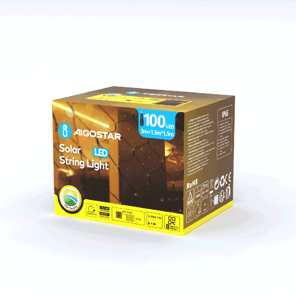 Net van platte lichtstroken op zonne-energie, Warm wit, 1,5m*1,5m=3m