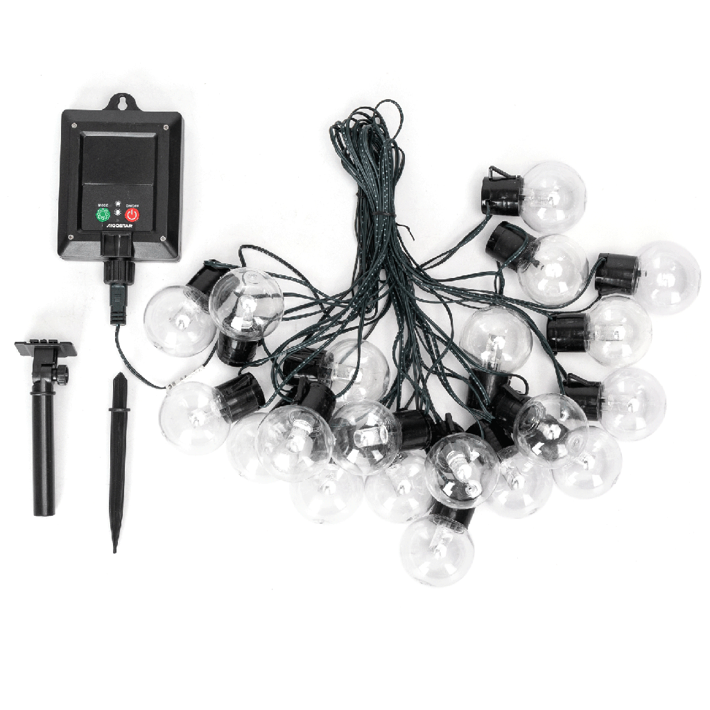 Lichtstrook met ronde G50-kokerlampen(20 stuks) op zonne-energie, RGBY 10mergie, RGBY, 10m