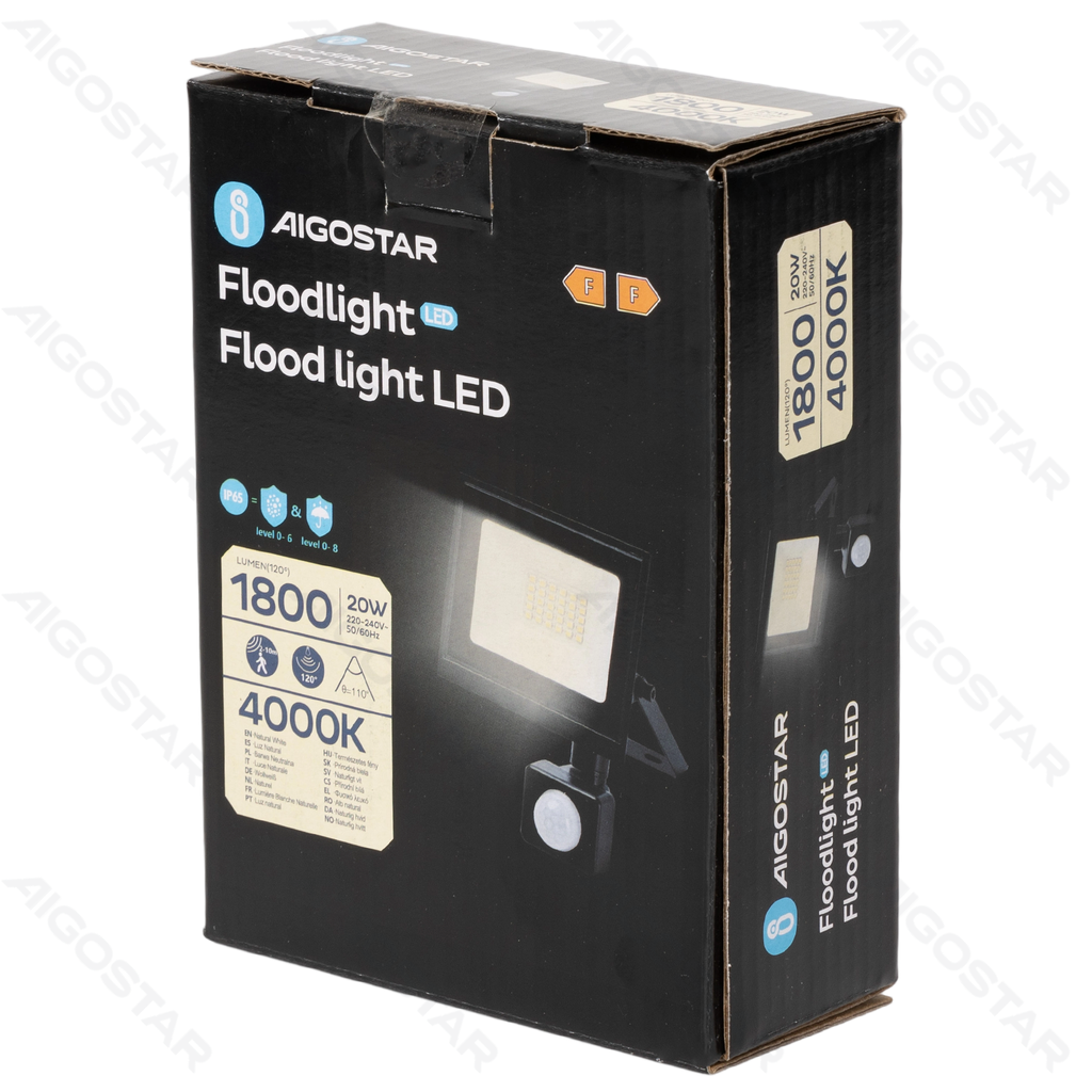 [B1020249Y] Aigostar LED Flood light Glass shade Black 20W 4000K Sensor