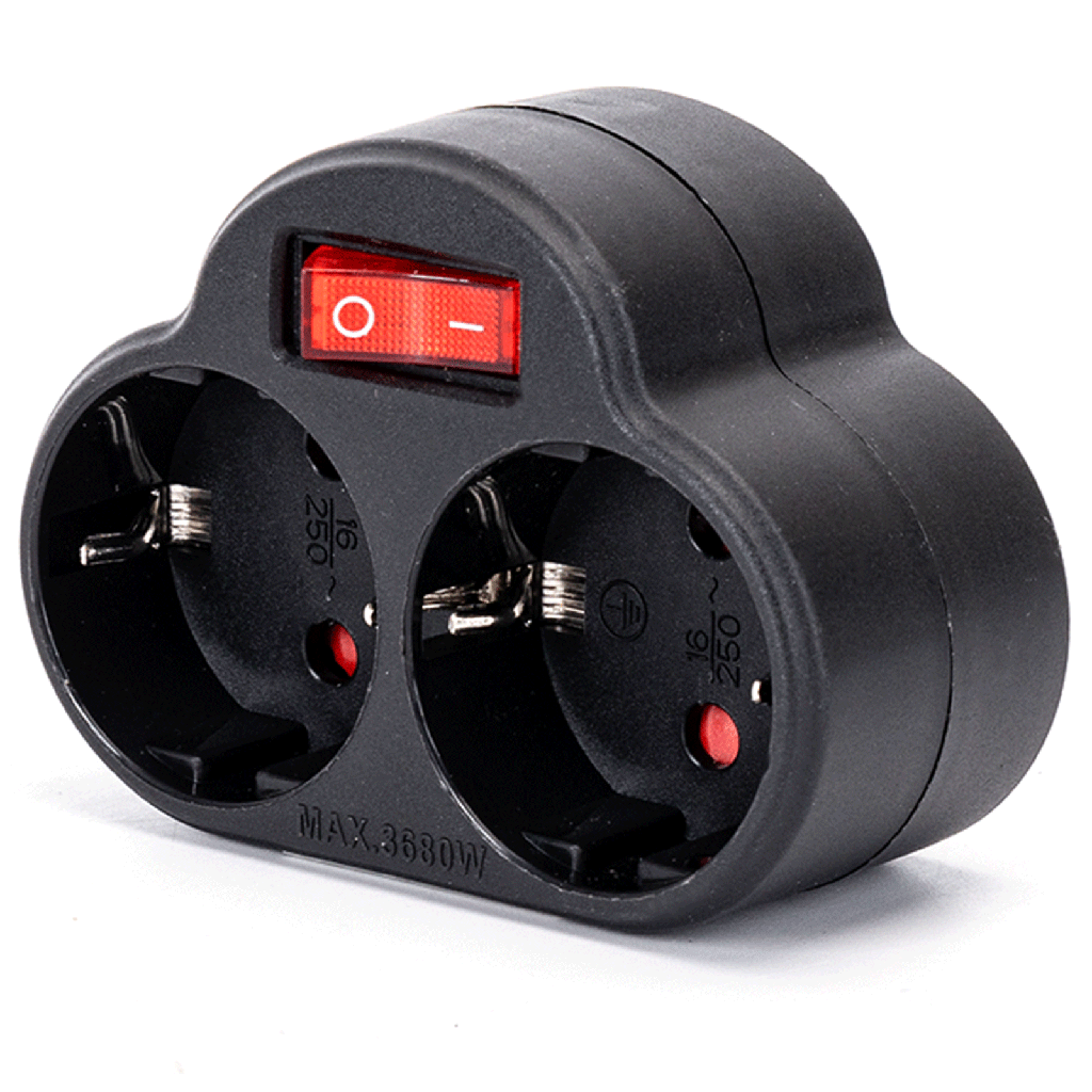 German conversion socket, 1 to 2, 16A, with switch, Black