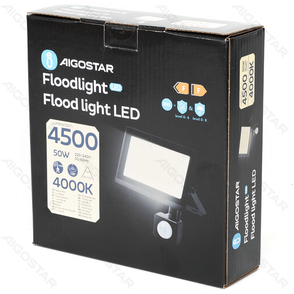 [B1020249L] Aigostar LED Flood light Glass shade Black 50W 4000K Sensor