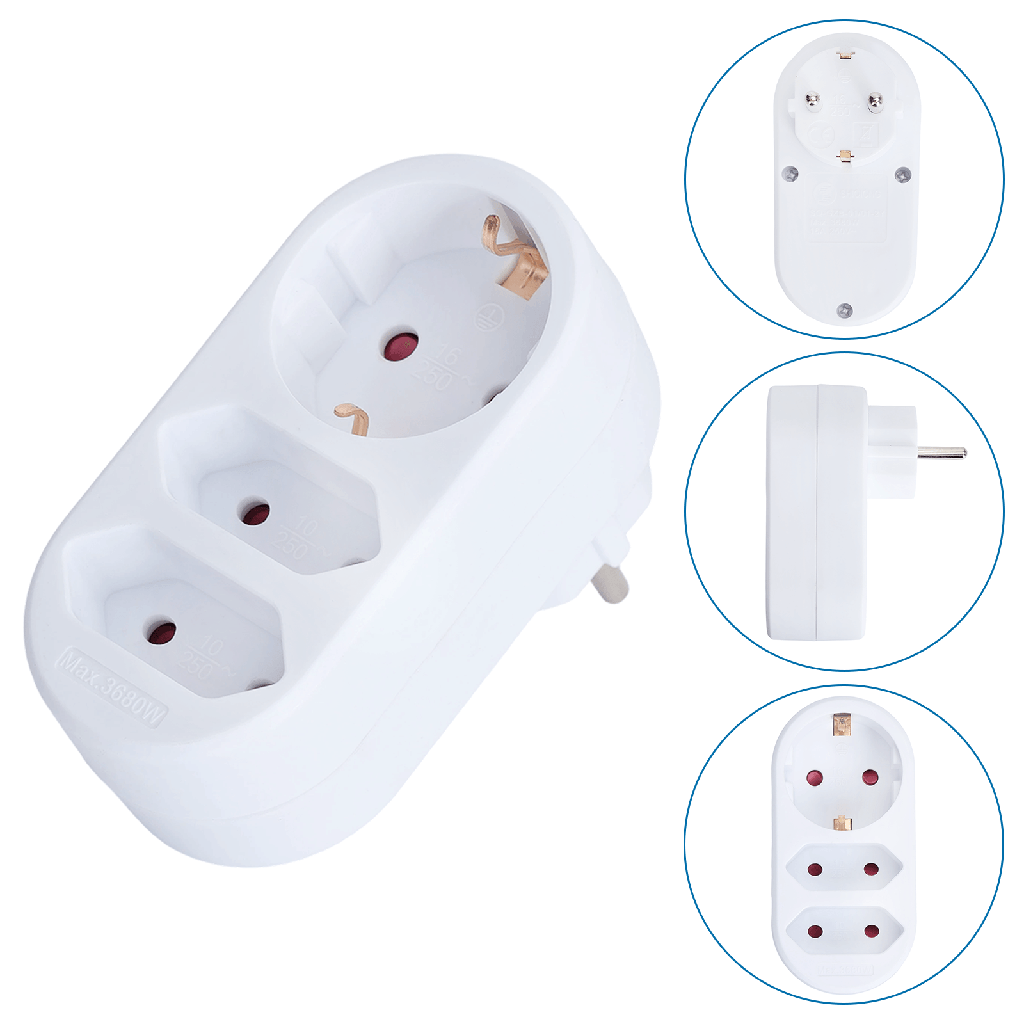 [B20102ACUI] Duitse reisstekker een naar drie 16A+2*10A Ovaal