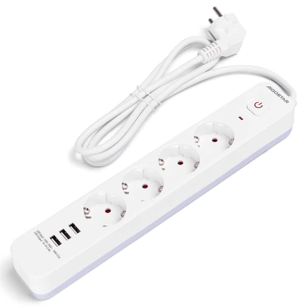Aigostar L-reeks Duitse stekkerdoos met 4 stopcontacten (Met Schakelaar) 1,5m 3G1 0mm² wit en grijs USB*3