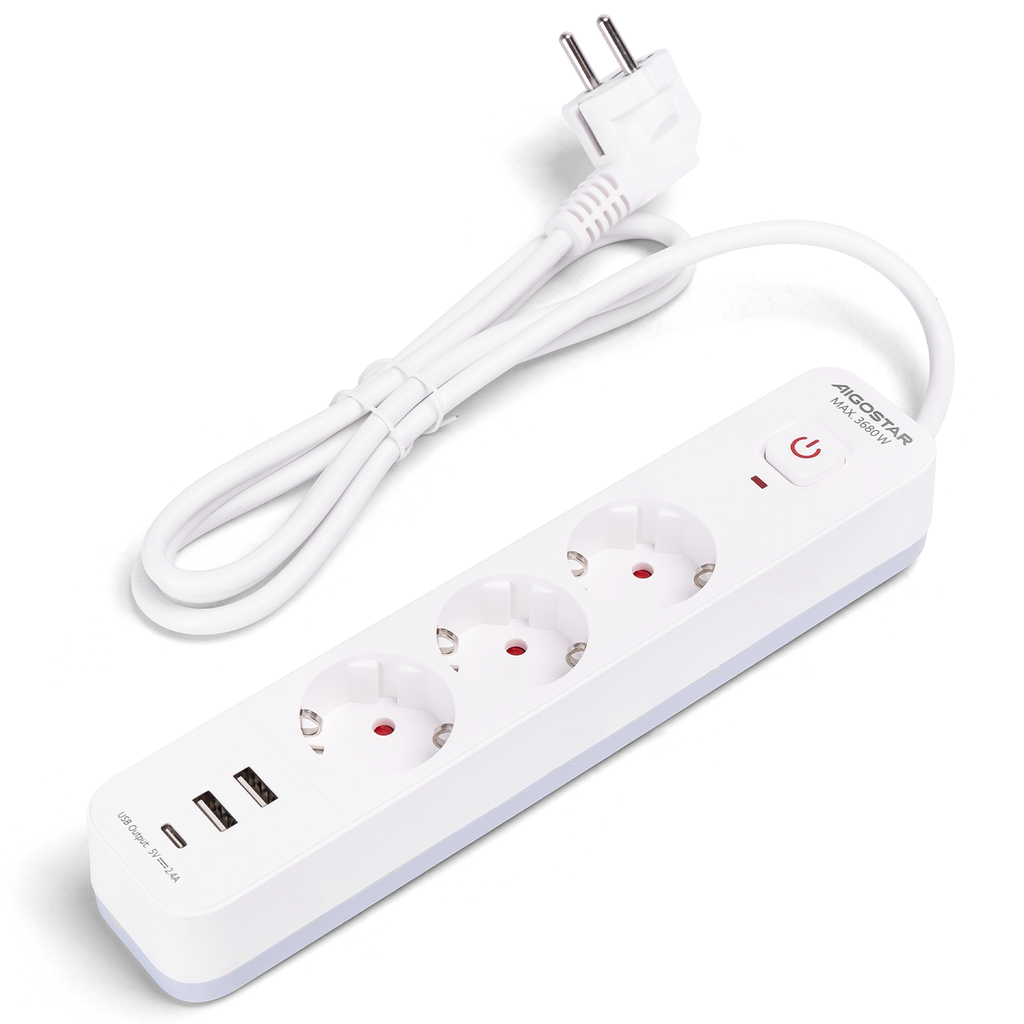 [B20103ZQ8] L- Serie Deutsche 3-Wege Steckdosenleiste (mit Schalter) 1,5 M 3G1,0 mm² Weiß und Grau USB*2+Typ-C