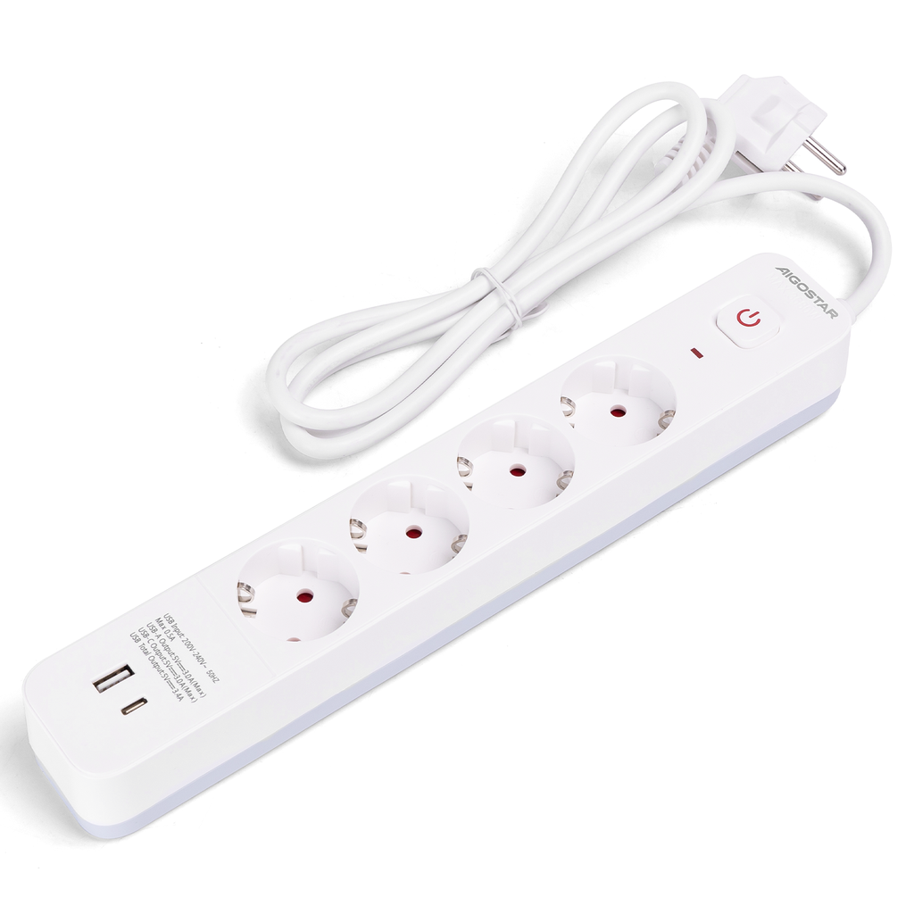 [B20103ZR0] Aigostar L-reeks Duitse stekkerdoos met 4 stopcontacten 1,5m 3G1 0mm² wit en grijs