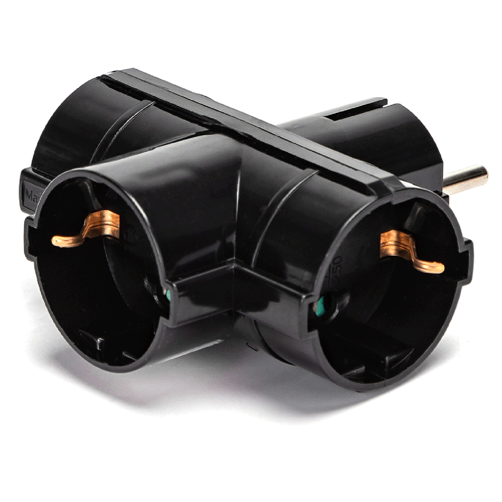 German conversion socket, one to three, 16A, vertical plug, Black