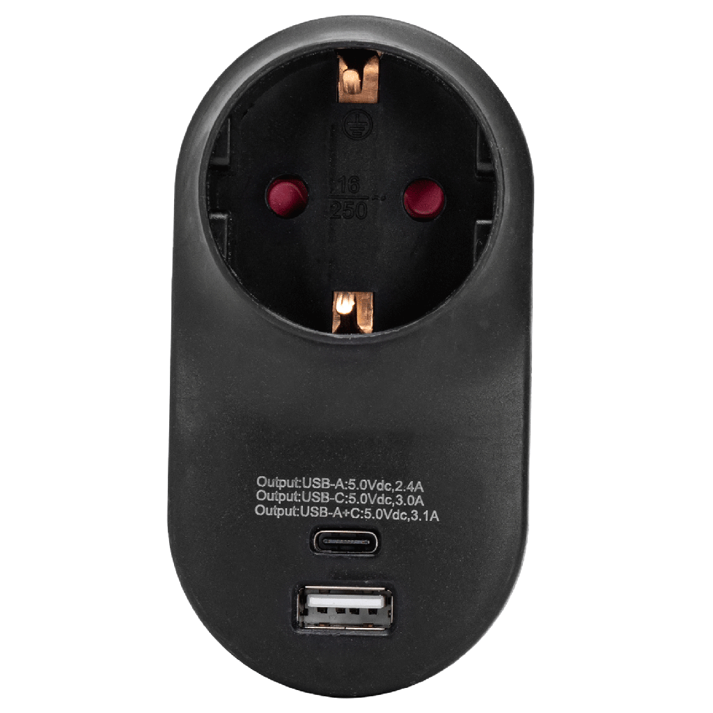 Deutsche Konvertierungssteckdose, 1 zu 1, 16A, mit USB+TYPE-C, Schwarz