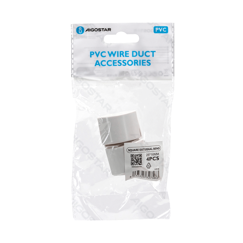 [B20104OB0] PVC Vierkante Kabelgoot Bocht Buitenhoek Wit 25*16mm 4st
