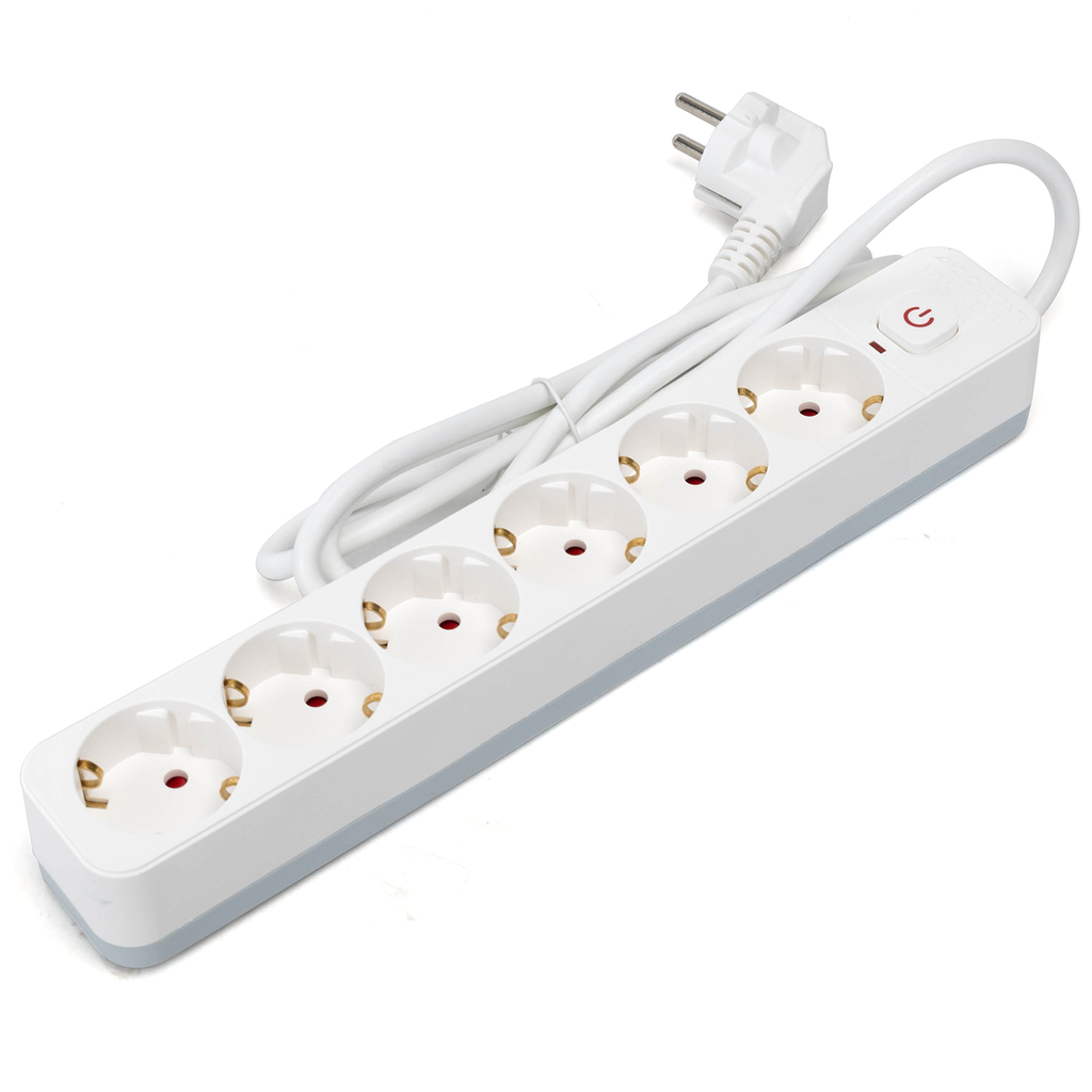 [B20103BV8] L-serie Duitse 6-voudige stekkerdoos met schakelaar 3M 3G1,5mm² wit en grijs