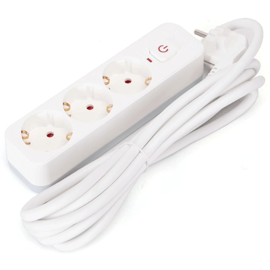 L- Series German 3-Way Power Strip with Switch 3M 3G1.5mm² White and Gray
