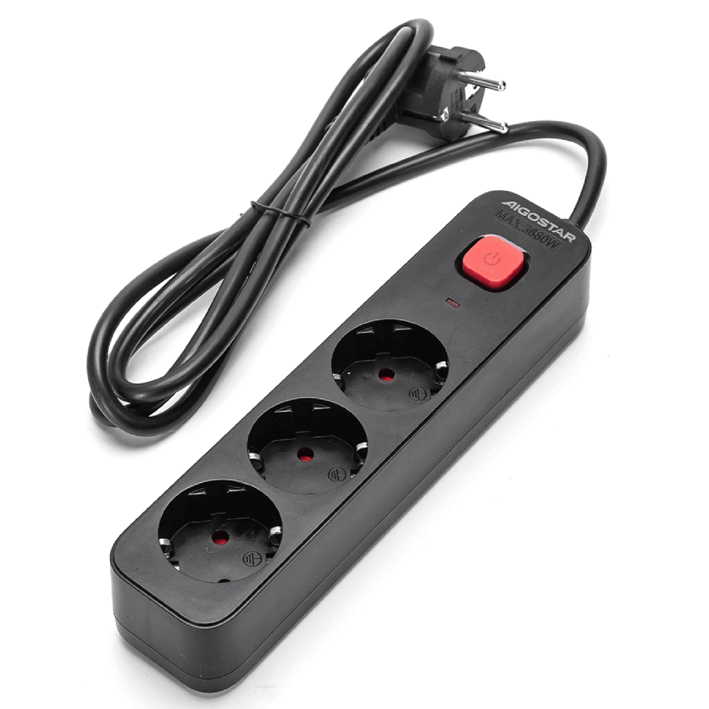 [B20103BX1] Aigostar L-Serie Duitse 3-voudige stekkerdoos met schakelaar 1.5M 3G1.5mm² zwart