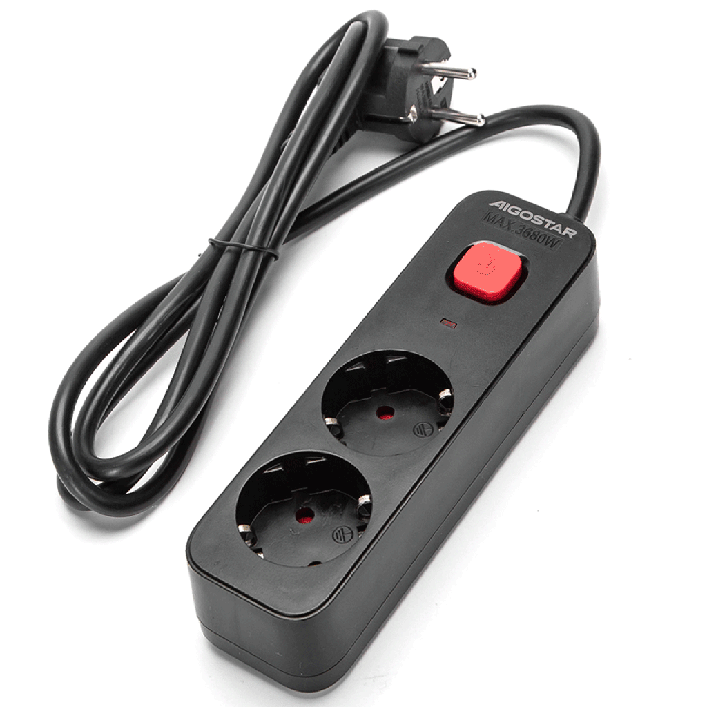 [B20103BW7] Aigostar L-Serie Duitse 2-voudige stekkerdoos met schakelaar 1.5M 3G1.5mm² zwart