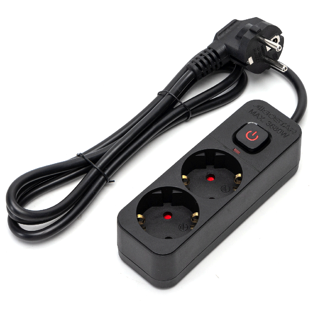 [B20103BW6] Aigostar L-Serie Duitse 2-voudige stekkerdoos met schakelaar 1.5M 3G1.0mm² zwart