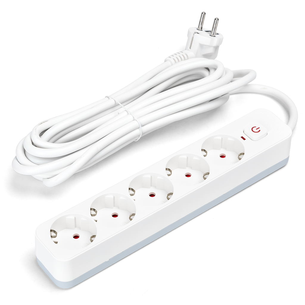 [B20103BV5] Aigostar L-serie Duitse 5-voudige stekkerdoos met schakelaar 5M 3G1,5mm² wit en grijs