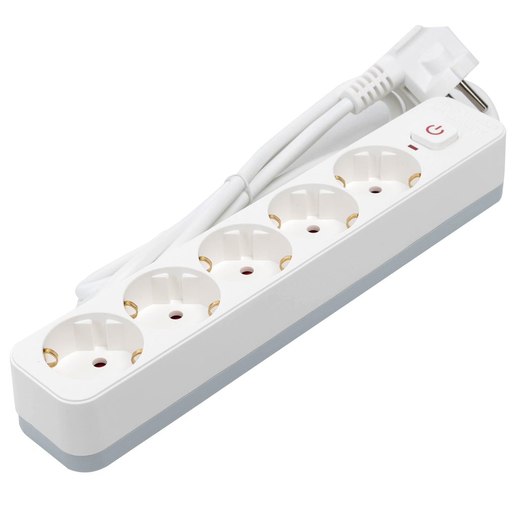 [B20103BV2] Aigostar L-serie Duitse 5-voudige stekkerdoos met schakelaar 1 5M 3G1 0mm² wit en grijs