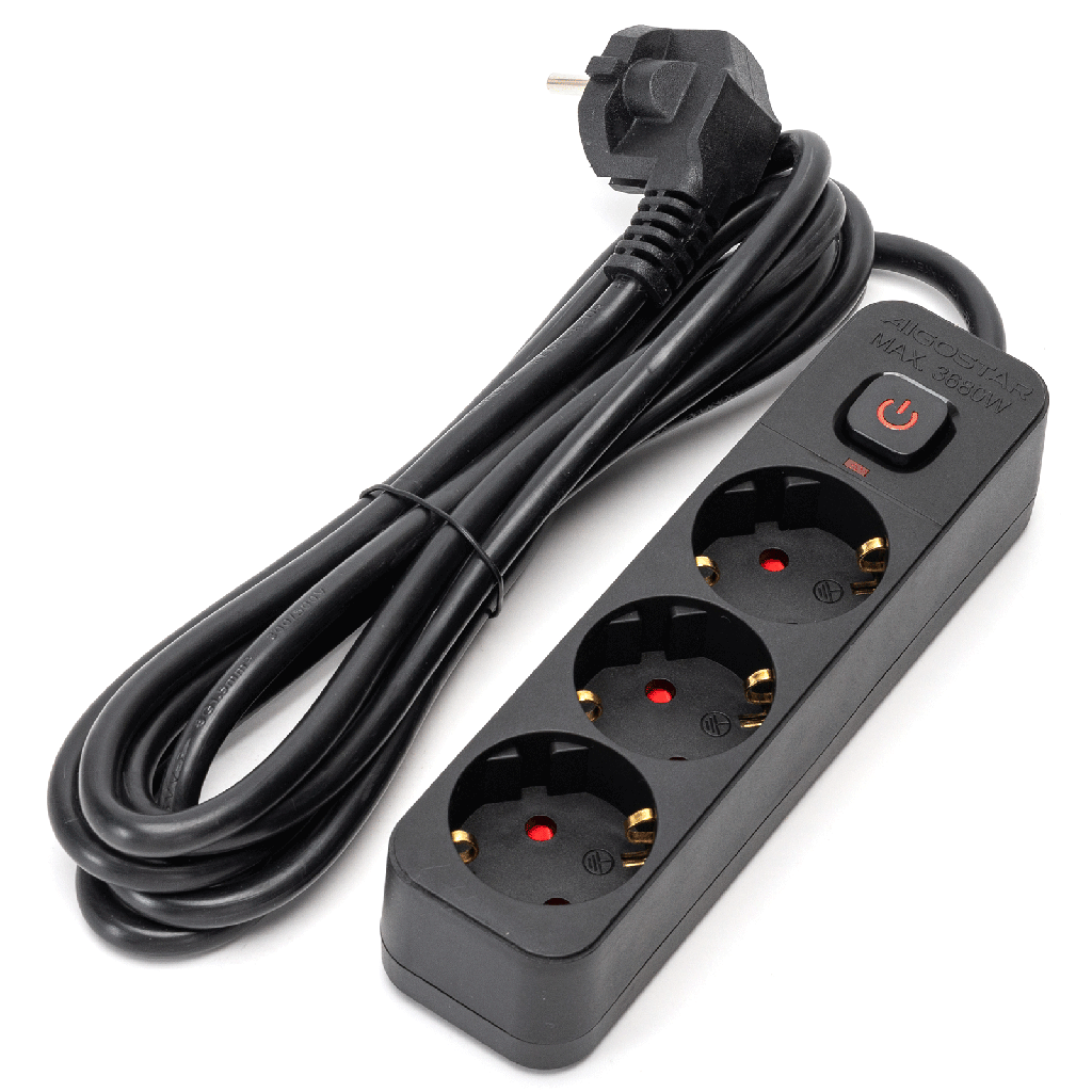 [B20103BX2] Aigostar L-Serie Duitse 3-voudige stekkerdoos met schakelaar 3M 3G1.5mm² zwart