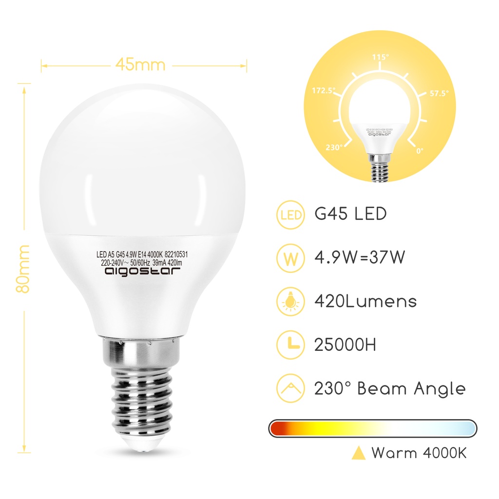 [B10105YXP] Ampoules LED G45 E14, 4,9W 4000K
