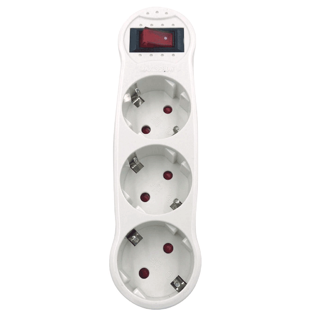 [B20102WWI] Duitse 3-voudige doorvoerstekker met schakelaar 16A wit