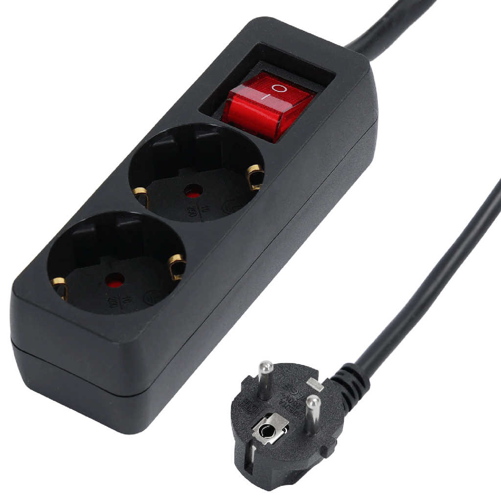 [B20103QIJ] Duitse 2-voudige stekkerdoos met schakelaar 1.5M 3G1.5mm² zwart