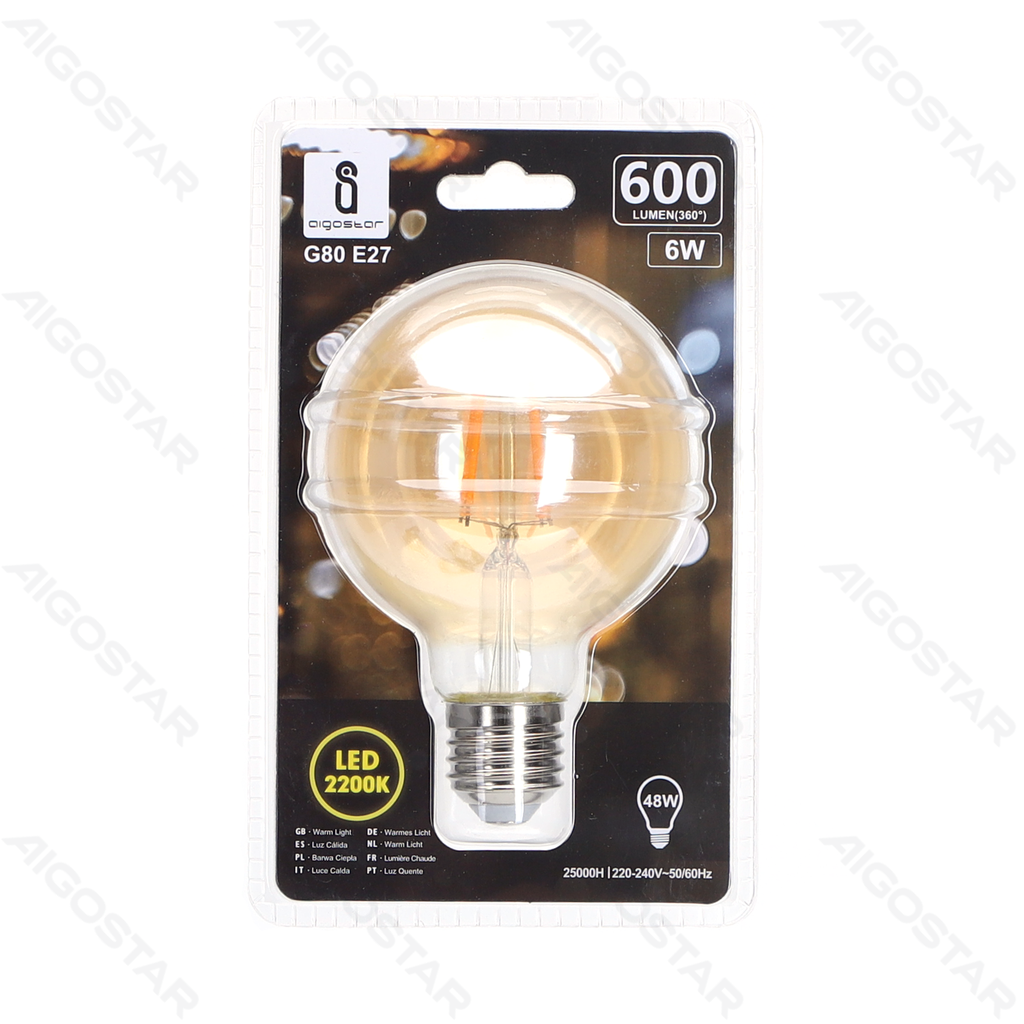 [B10106QMM] Aigostar LED Gloeilamp (Amber) G80 E27,6W