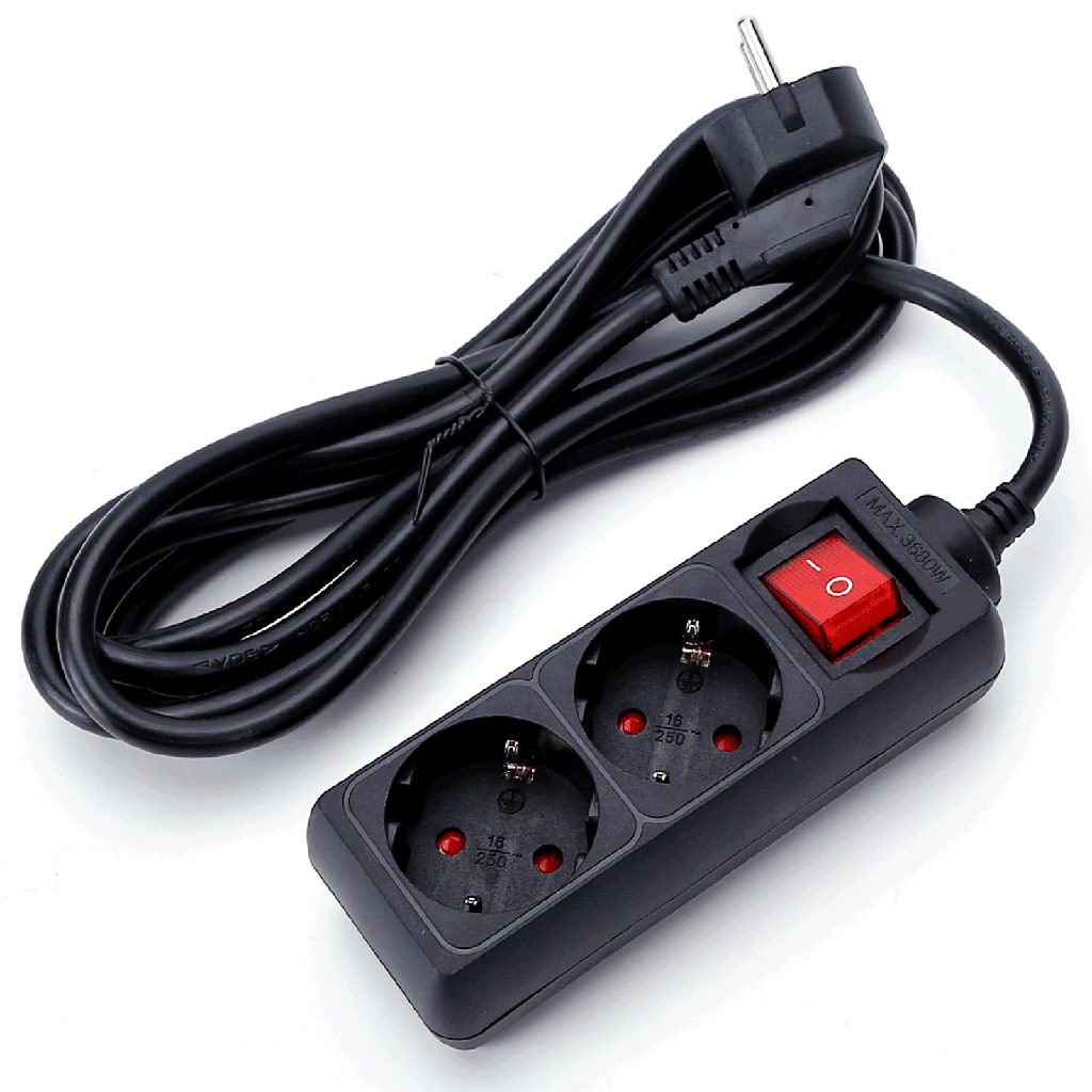 [B20103QIK] Duitse 2-voudige stekkerdoos met schakelaar 3M 3G1 5mm² zwart