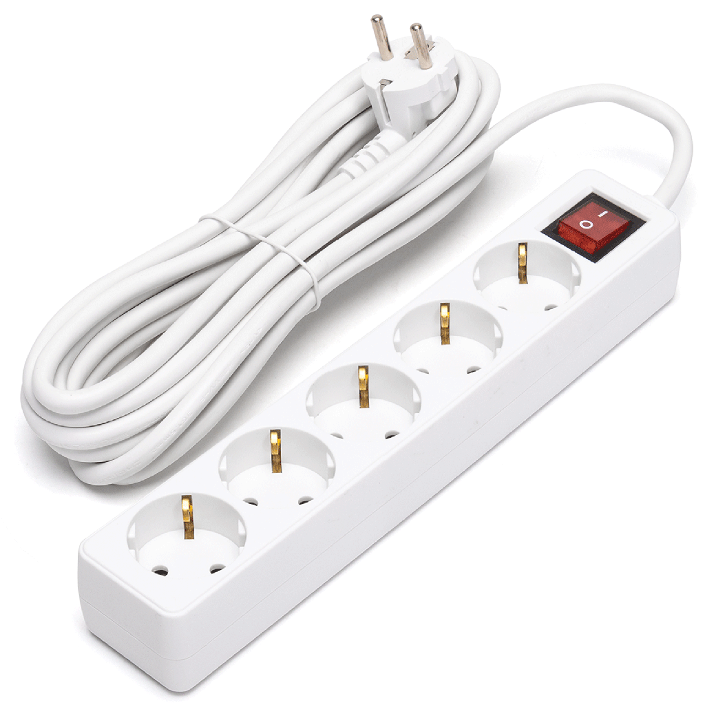 [B20103FIA] Multiprise 5 Prises Allemandes avec Interrupteur 5M 3G1.5mm² Blanc