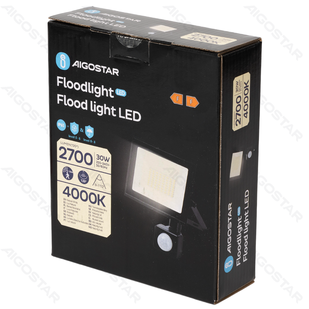 [B102024A0] Aigostar LED Flood light Glass shade Black 30W 4000K Sensor