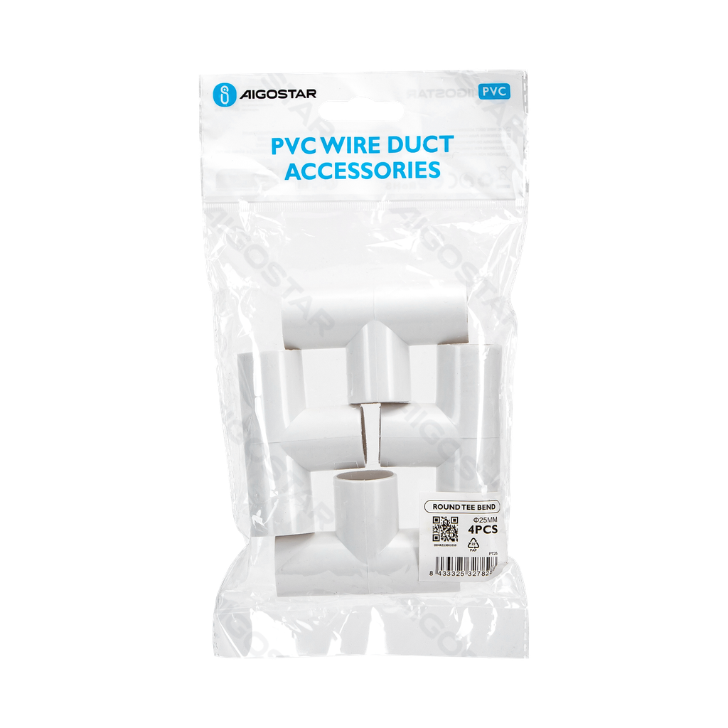 [B20104OD4] PVC Round Wire Duct Tee Bend White 25mm 4PCS