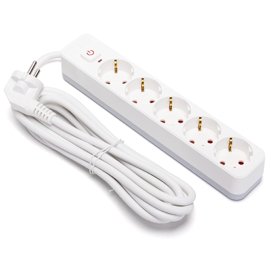 [B20103BV4] Multiprise 5 Prises Allemandes Séries L avec Interrupteur 3M 3G1.5mm² Blanc et Gris