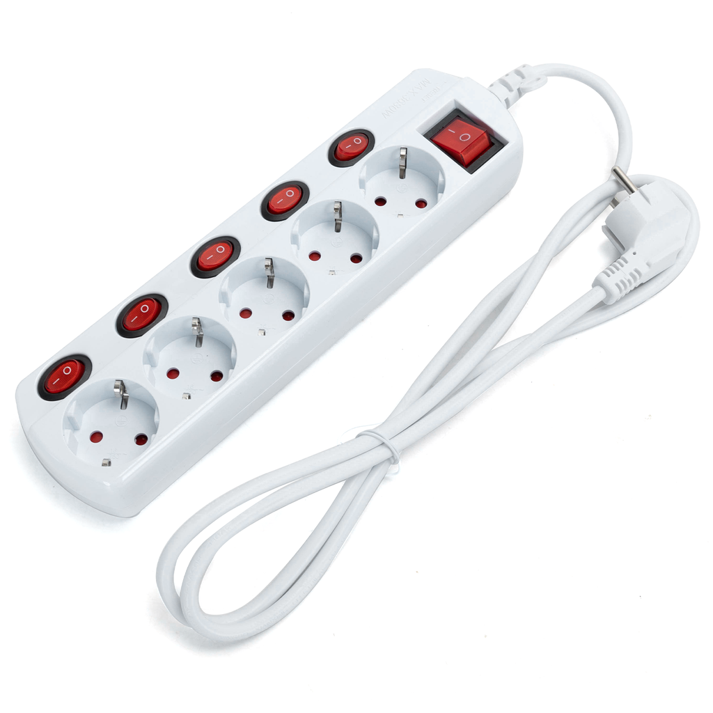 German Style 5-Gang Power Strip, 16A Plug (Master Switch + Individual Switches), 1.5m, 3G1.0mm², White