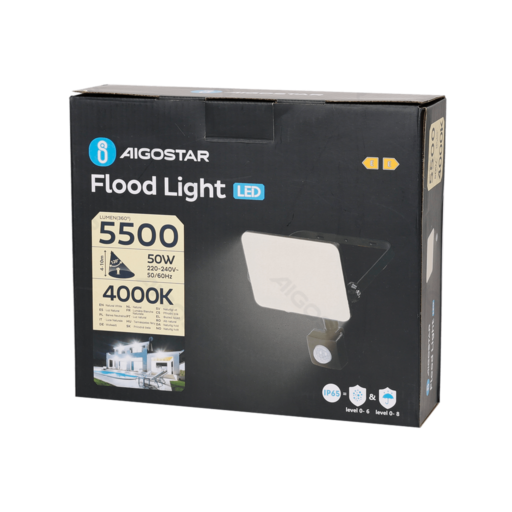 [B10202NR3] Aigostar LED-schijnwerper met sensor en matte afdekkap 50W 5500lm 4000K IP65