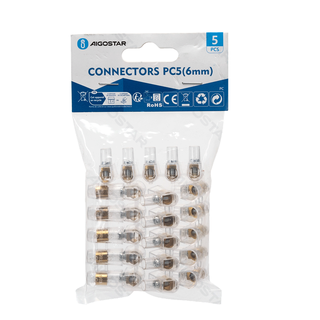 [B20104P6C] Borniers PC5 (6mm) (5 unités), transparent & laiton