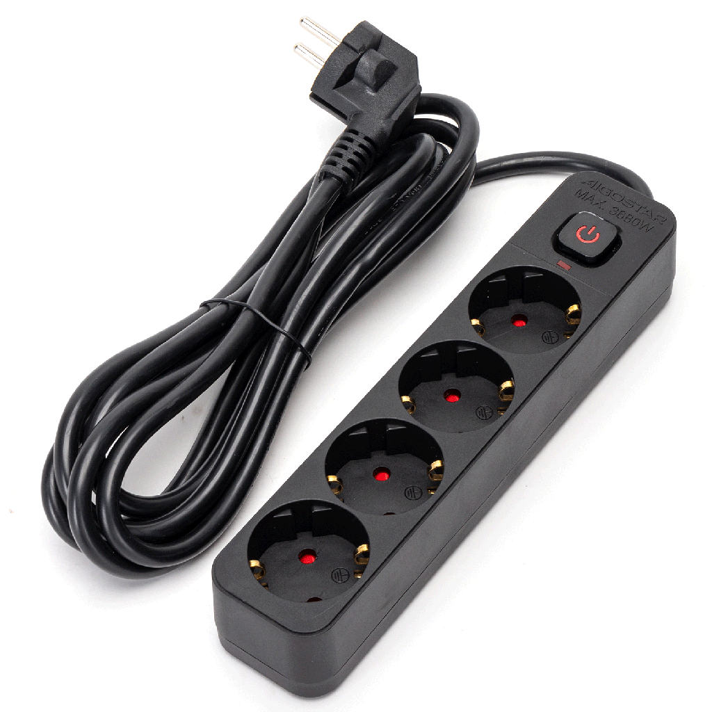 Aigostar L-serie Duitse 4-voudige stekkerdoos met schakelaar 3M 3G1 5mm² zwart