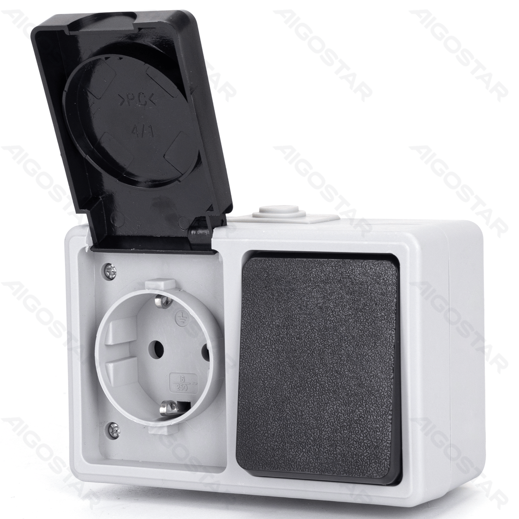 German Surface-Mounted One Gang One Way Switch & Socket Gray