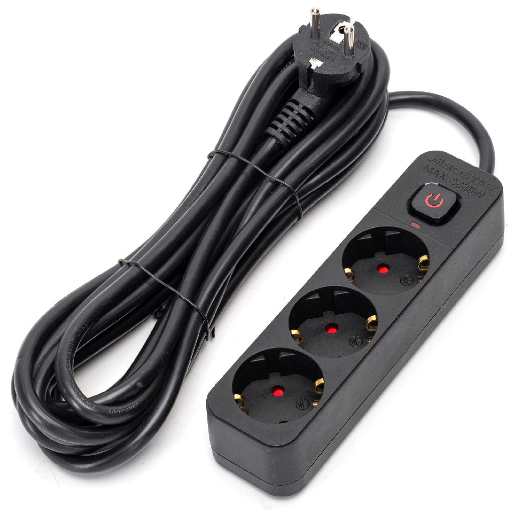 Aigostar L-Serie Duitse 3-voudige stekkerdoos met schakelaar 5M 3G1.5mm² zwart