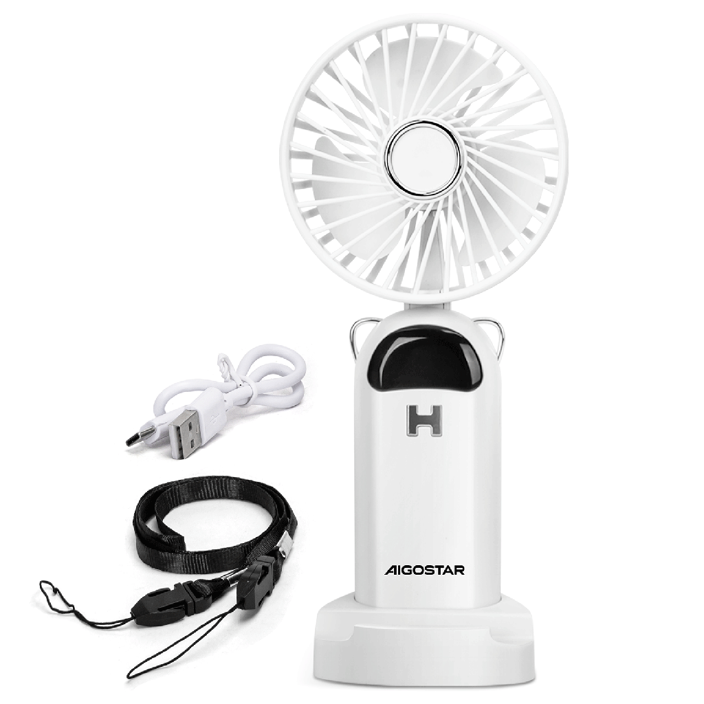 [B30101LTG] Handheld Fan, 3 Inches, 3 Blades, 5 Speeds, 1200mAh, White