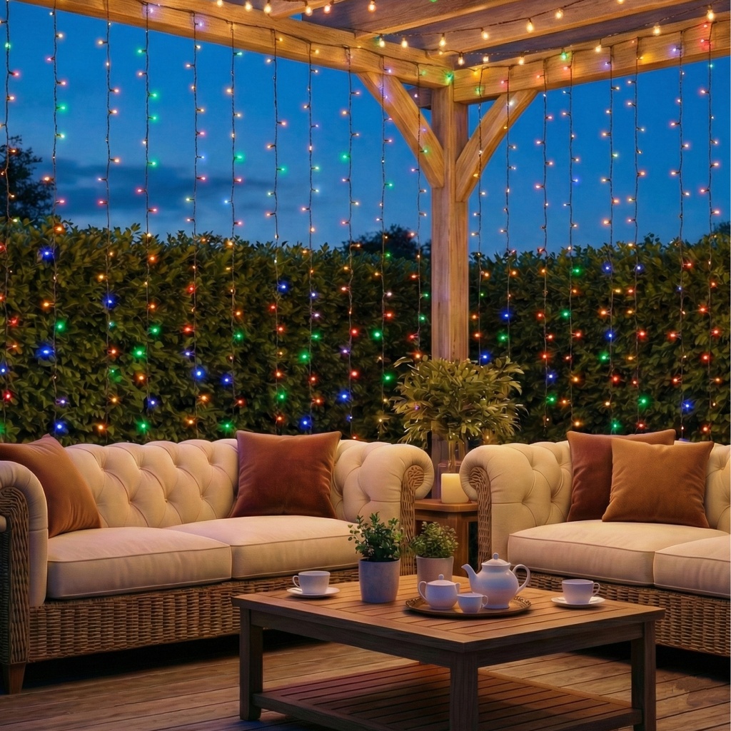 Solar curtain flat string lights, RGBY, 3m+1m*1m 10 strips