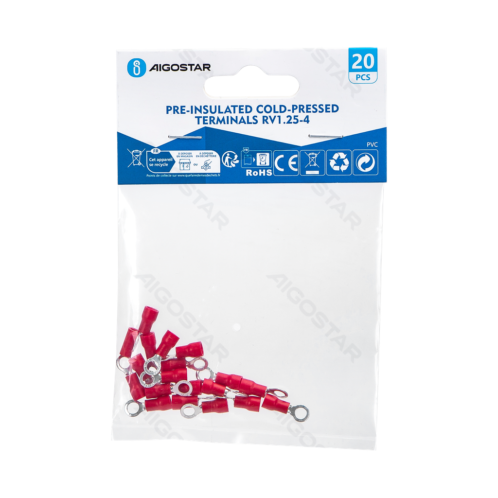 Bornes pré-isolées pressées à froid RV1.25-4 (20 unités), rouge