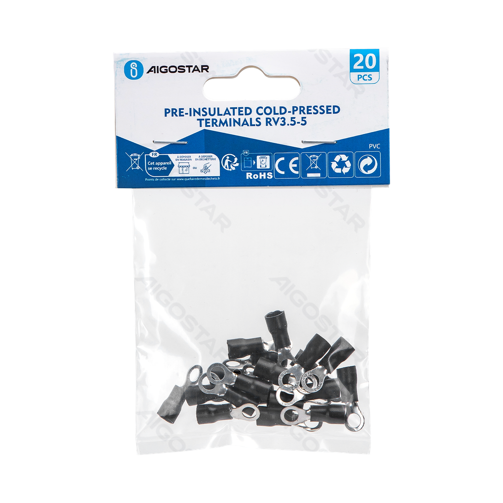 Bornes pré-isolées pressées à froid RV3.5-5 (20 unités), noir