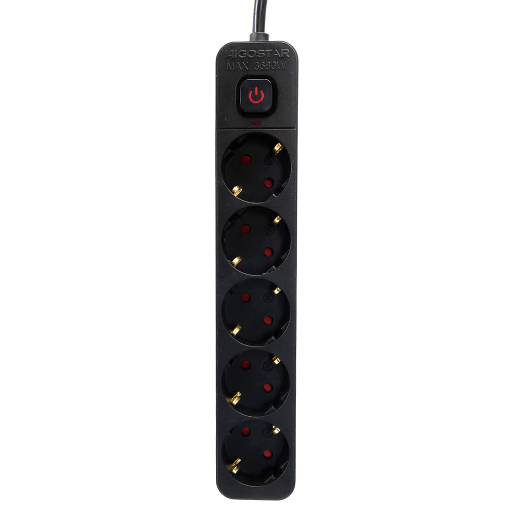 [B20103BY0] Aigostar L-serie Duitse 5-voudige stekkerdoos met schakelaar 3M 3G1,5mm² zwart