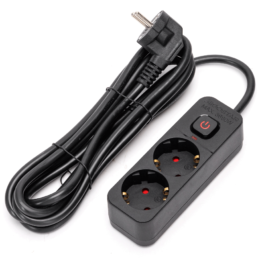 [B20103BW8] Aigostar L-Serie Duitse 2-voudige stekkerdoos met schakelaar 3M 3G1.5mm² zwart