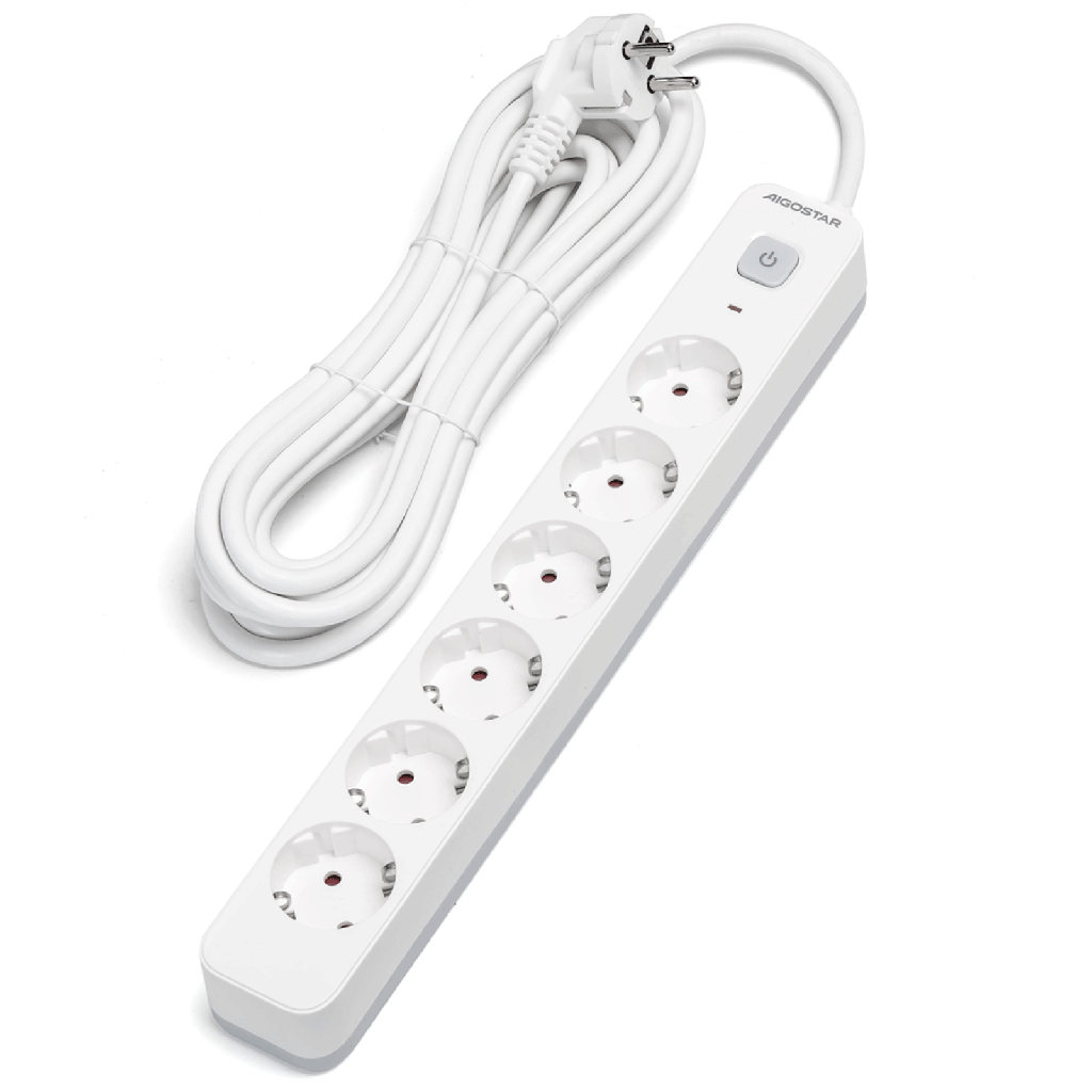 [B20103BV9] Aigostar L-serie Duitse 6-voudige stekkerdoos met schakelaar 5M 3G1,5mm² wit en grijs