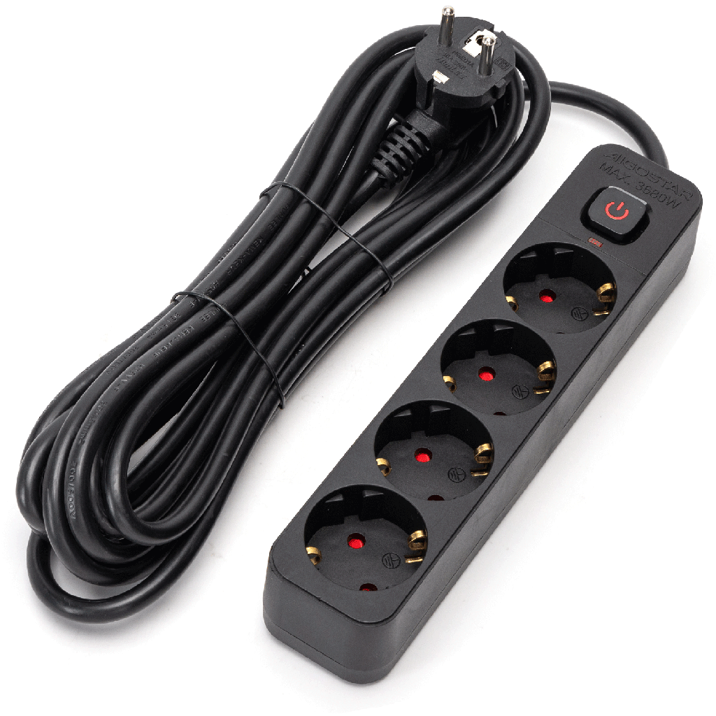 [B20103BX7] Aigostar L-serie Duitse 4-voudige stekkerdoos met schakelaar 5M 3G1 5mm² zwart