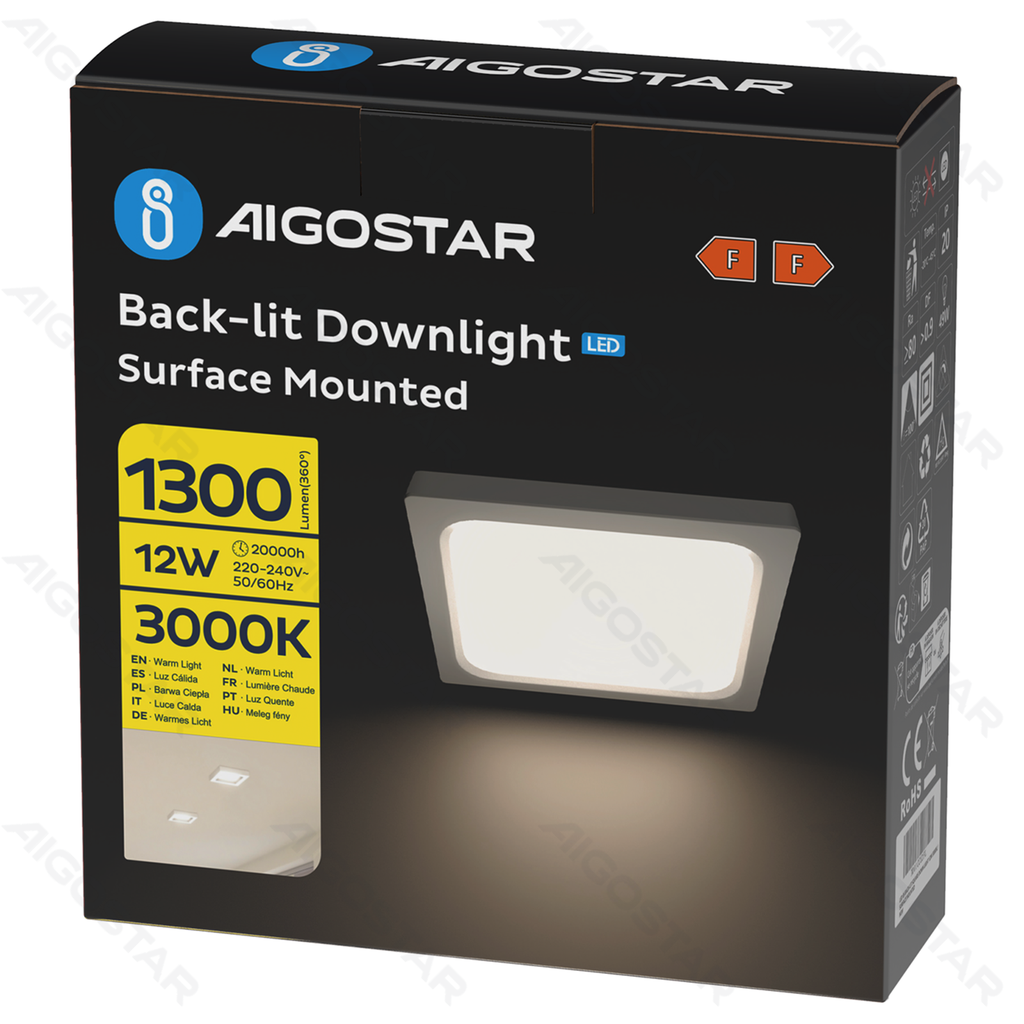 [B10405WGV] E6 LED Opbouw Downlight Vierkant 12W Geel Licht